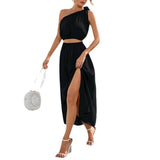 Conjunto de dos piezas para mujer: Top asimétrico, falda con abertura y cintura elástica fluida.