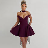 Vestido de cóctel para mujer – Corte entallado – Escote pronunciado – Hombros descubiertos – Espalda abierta – Falda mini acampanada