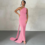Vestido largo de mujer – Corte ajustado – Hombros descubiertos – Escote asimétrico – Fruncido