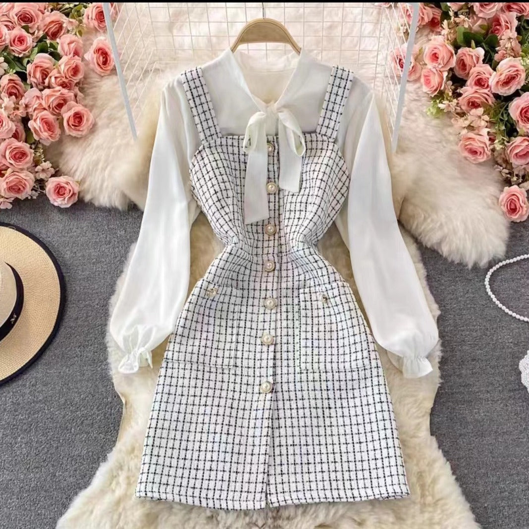 Vestido estilo pichi para mujer – Corte entallado – Tweed texturizado – Abotonado – Blusa con lazo