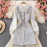 Vestido estilo pichi para mujer – Corte entallado – Tweed texturizado – Abotonado – Blusa con lazo