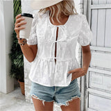 Blusa de mujer – Bordado de encaje – Mangas abullonadas – Corte evasé – Se anuda en la parte delantera