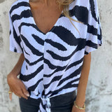 Top de mujer – Cuello en V – Mangas cortas – Estampado de cebra – Lazo delantero – Corte relajado
