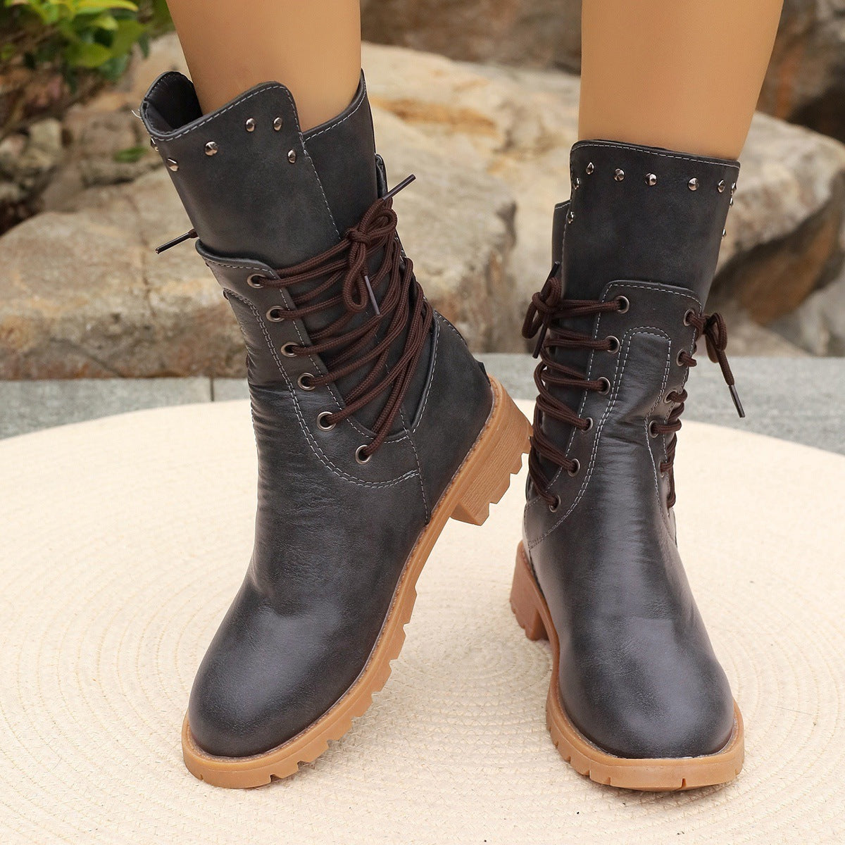 Botas de media caña para mujer – Piel sintética – Cordones – Tacón grueso – Suela con tacos