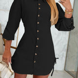Vestido mini de mujer – Corte entallado – Mangas largas – Botones delanteros – Cordón ajustable