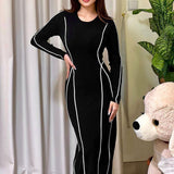 Elegante vestido de manga larga para mujer – Rayas en contraste – Corte ajustado