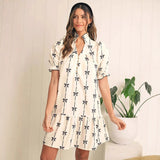 Vestido evasé para mujer – Algodón ligero – Mangas abullonadas – Lazos – Bajo con volantes