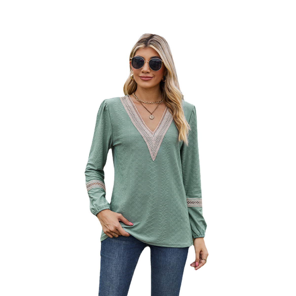 Camiseta de manga larga para mujer – Corte holgado – Cuello en V de encaje – Tejido suave y transpirable