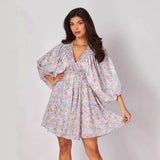 Vestido corto de mujer – Gasa ligera – Escote en pico – Cintura fruncida – Mangas abullonadas