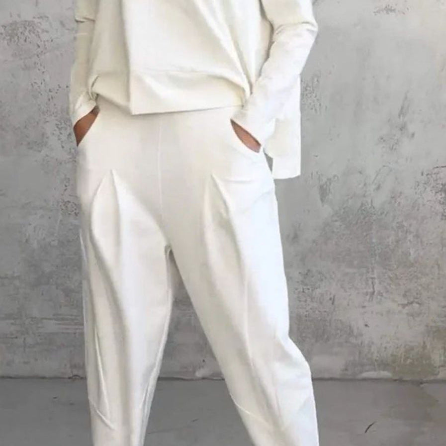 Traje de dos piezas para mujer – Corte ajustado – Top de manga larga con cuello redondo – Pantalones ajustados