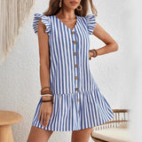 Minivestido de mujer – Cuello en V – Mangas con volantes – Abotonado – Falda con volantes – Rayas