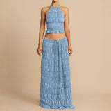 Conjunto de dos piezas para mujer: top halter fruncido, falda larga con cintura elástica y tejido transpirable.