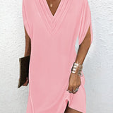 Vestido de mujer – Tejido transpirable – Corte fluido – Escote en pico fruncido – Mangas cortas