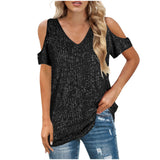 Top de mujer – Hombros descubiertos – Cuello en V – Corte holgado – Parte delantera con lentejuelas