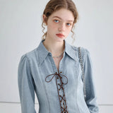 Chaqueta camisera de mujer – Corte entallado – Cordones delanteros – Mangas largas estructuradas