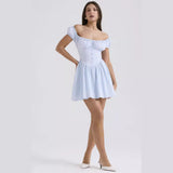 Vestido corto de mujer – Corte entallado y evasé – Mangas abullonadas – Escote cuadrado – Abotonado