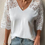 Blusa de verano con mangas de crochet y encaje para mujer - Cuello en V