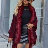 Cárdigan de mujer – Corte holgado – Estampado pata de gallo – Cuello de piel – Flecos