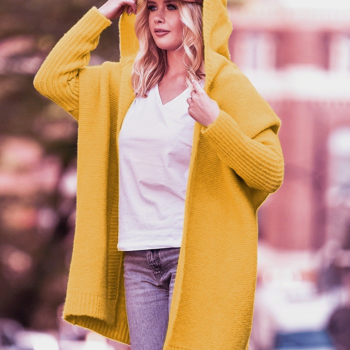 Cárdigan de mujer – Corte oversize – Punto suave – Con capucha – Parte delantera abierta – Largo