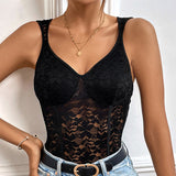 Body de mujer – Encaje transparente – Corte ajustado – Escote pronunciado – Sin mangas