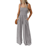 Mono de mujer – Hombros descubiertos – Top fruncido – Pernera ancha – Tejido de punto – Bolsillos