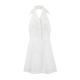 Vestido de mujer – Cuello halter – Cuello en V – Lino ligero – Corte evasé – Mini