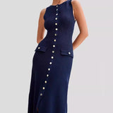 Vestido sin mangas de mujer – Punto fino – Corte entallado – Botones en la parte delantera – Bolsillos decorativos