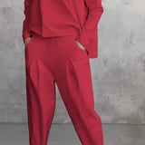 Traje de dos piezas para mujer – Corte ajustado – Top de manga larga con cuello redondo – Pantalones ajustados