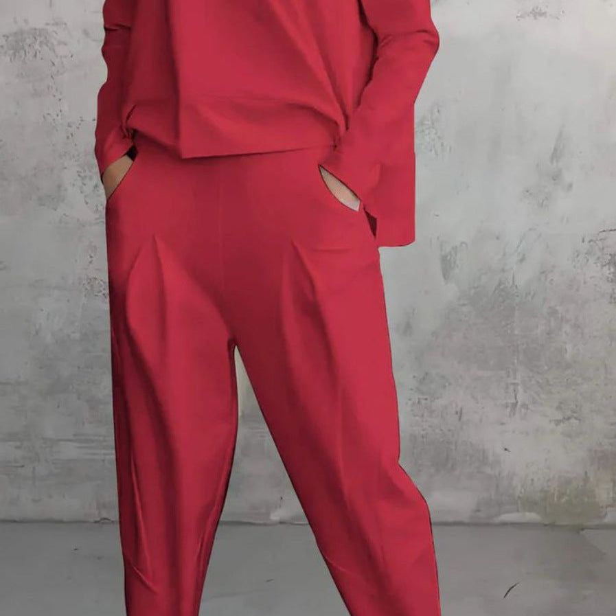 Traje de dos piezas para mujer – Corte ajustado – Top de manga larga con cuello redondo – Pantalones ajustados