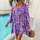 Vestido corto de mujer – Rayón ligero – Corte fluido – Mangas largas – Escote en V floral