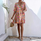 Vestido fluido de mujer – Algodón – Estampado floral – Mangas 3/4 con volantes – Escote en pico