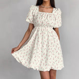 Vestido evasé para mujer – Algodón ligero – Mangas abullonadas – Estampado floral – Escote cuadrado