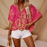 Top de cuello en V para mujer – Corte holgado – Mangas de murciélago – Tejido ligero estampado