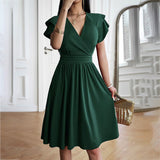 Vestido de mujer - Elegante estilo cruzado - Mangas cortas abullonadas - Cintura ajustada
