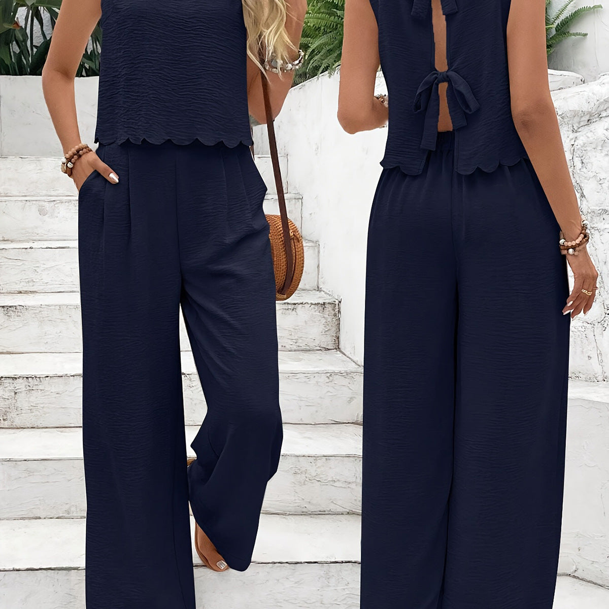 Conjunto de camiseta sin mangas y pantalón ancho para mujer – Tejido ligero y arrugado – Corte holgado