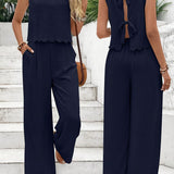 Conjunto de camiseta sin mangas y pantalón ancho para mujer – Tejido ligero y arrugado – Corte holgado