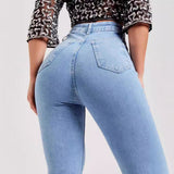 Vaqueros acampanados para mujer – Cintura alta – Corte ajustado al muslo – Denim elástico – Largo completo