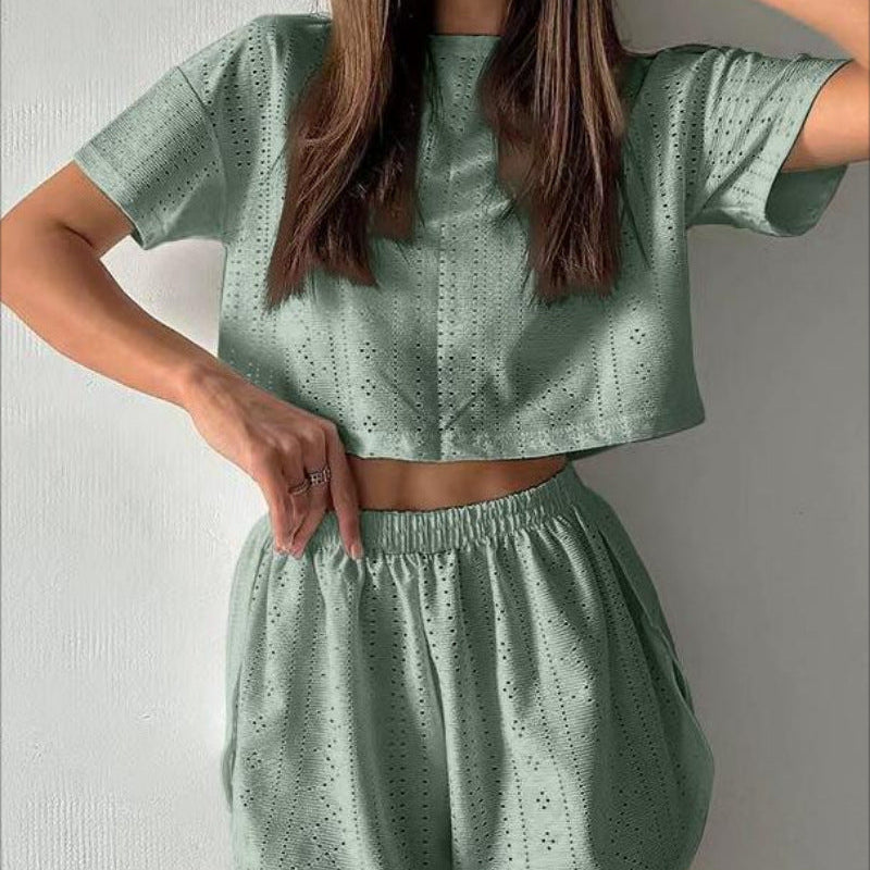 Conjunto de dos piezas para mujer: top corto y shorts, tejido transpirable, corte holgado.