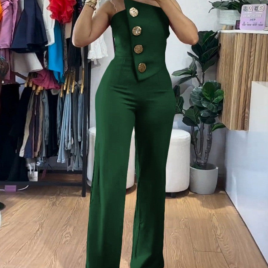 Mono de mujer – Un hombro – Corte entallado – Pantalón fluido de pierna ancha – Botones