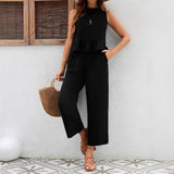 Conjunto de pantalón y chaleco para mujer – Tejido transpirable – Corte holgado y fluido – Detalle de volantes
