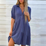 Vestido casual de mujer – Corte holgado – Mangas cortas – Cuello camisero – Fibras naturales