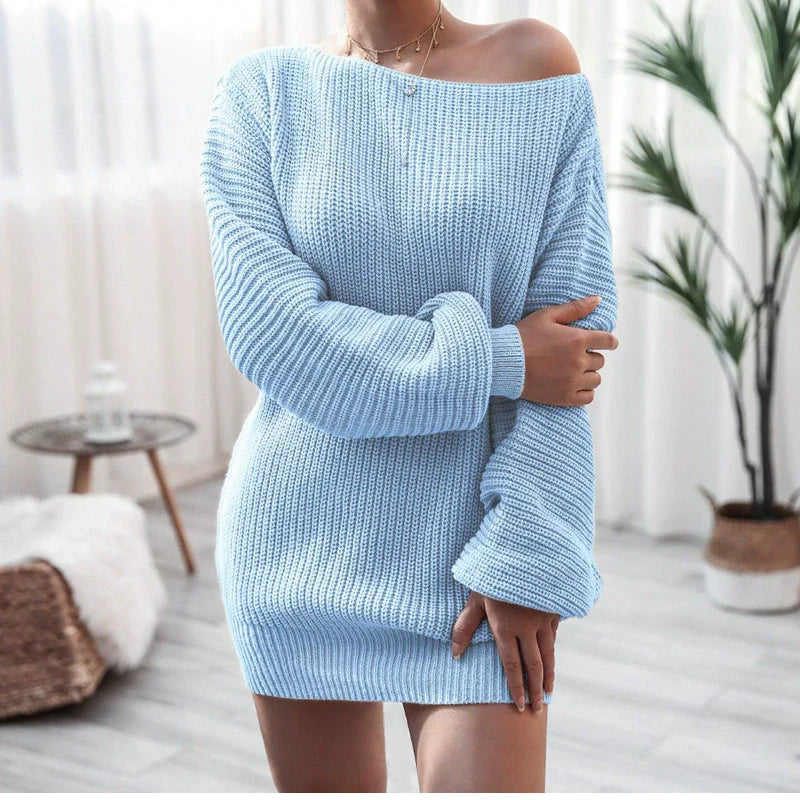 Vestido de mujer tipo suéter – Hombros descubiertos – Punto suave – Mangas abullonadas – Corte holgado