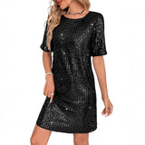 Vestido mini de mujer – Corte recto fluido – Lentejuelas brillantes – Mangas cortas para la noche
