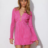 Vestido mini para mujer – Corte ajustado – Tejido elástico plisado – Escote pronunciado – Mangas largas con puños acampanados – Detalles recortados