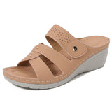 Sandalias de cuña para mujer – Punta abierta – Piel sintética – Tira remachada – Fáciles de poner