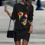 Vestido de mujer – Estampado abstracto – Cintura ajustada – Mangas largas – Cuello alto