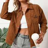 Chaqueta camisera para mujer – Punto acanalado – Corte holgado – Cuello con muesca – Cierre con botones a presión
