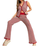 Conjunto de chaleco abotonado y pantalón ancho para mujer – Punto suave – Cintura elástica