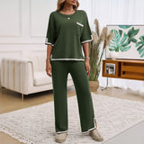 Conjunto de estar por casa para mujer – Punto suave – Corte holgado – Pantalones anchos – Ribetes en contraste