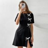 Vestido trapecio para mujer - Mangas cortas - Detalle de lazo - Abertura elegante